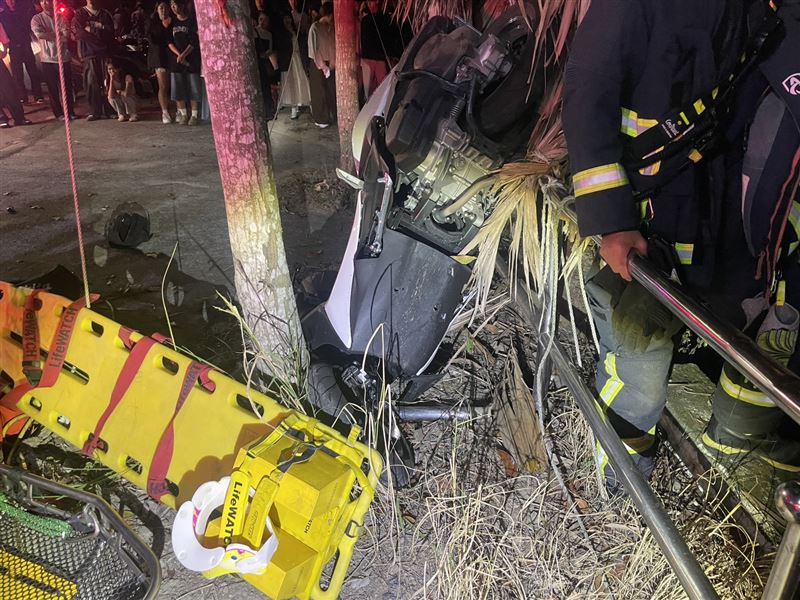 機車直立卡在護欄與路樹中間，女大生翻滾墜落邊坡。（圖／翻攝畫面）