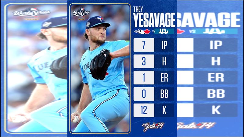 世界大賽G5藍鳥菜鳥投手耶薩維奇(Trey Yesavage)投滿7局失1分飆12K。(圖/翻攝自X @Gate14Pod)