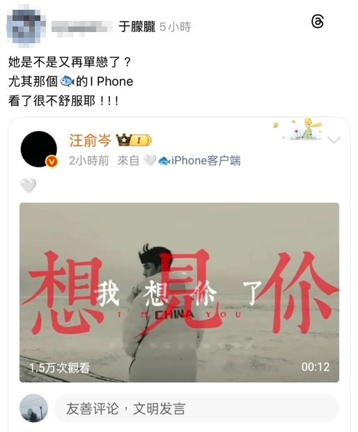 近期有網友發現汪俞岑在微博發表一則想見你的文。(圖/翻攝自Threads網友授權)