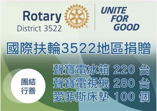 國際扶輪3522地區團結行善，發動電冰箱、電視機與床墊等生活必需品的愛心認捐行動