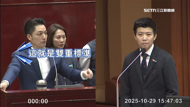 蔣萬安（左）被問到「北市府是否能加碼普發」，與苗博雅（右）在北市議會唇槍舌戰