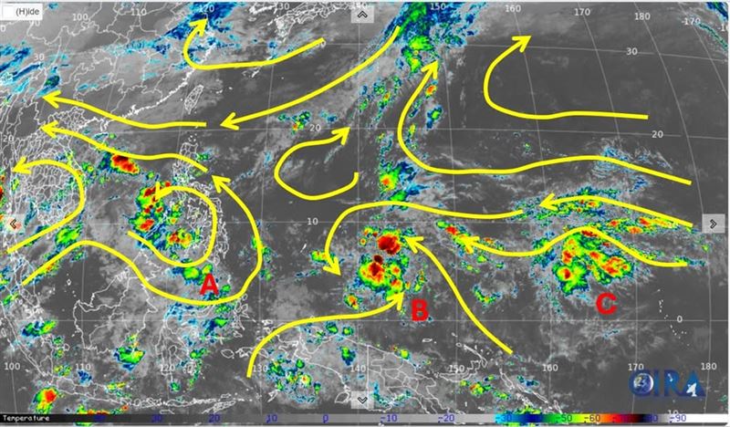天氣專家吳勝宇表示，目前有3個系統擾動，恐會生成颱風，或融合成大環流。（由左到右：A、B、C）（圖／翻攝自天氣職人-吳聖宇臉書）