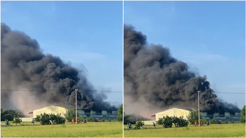 彰化永靖鄉帆布工廠倉庫大火,黑煙直竄天際。(圖/翻攝自Threads @aiai_621)