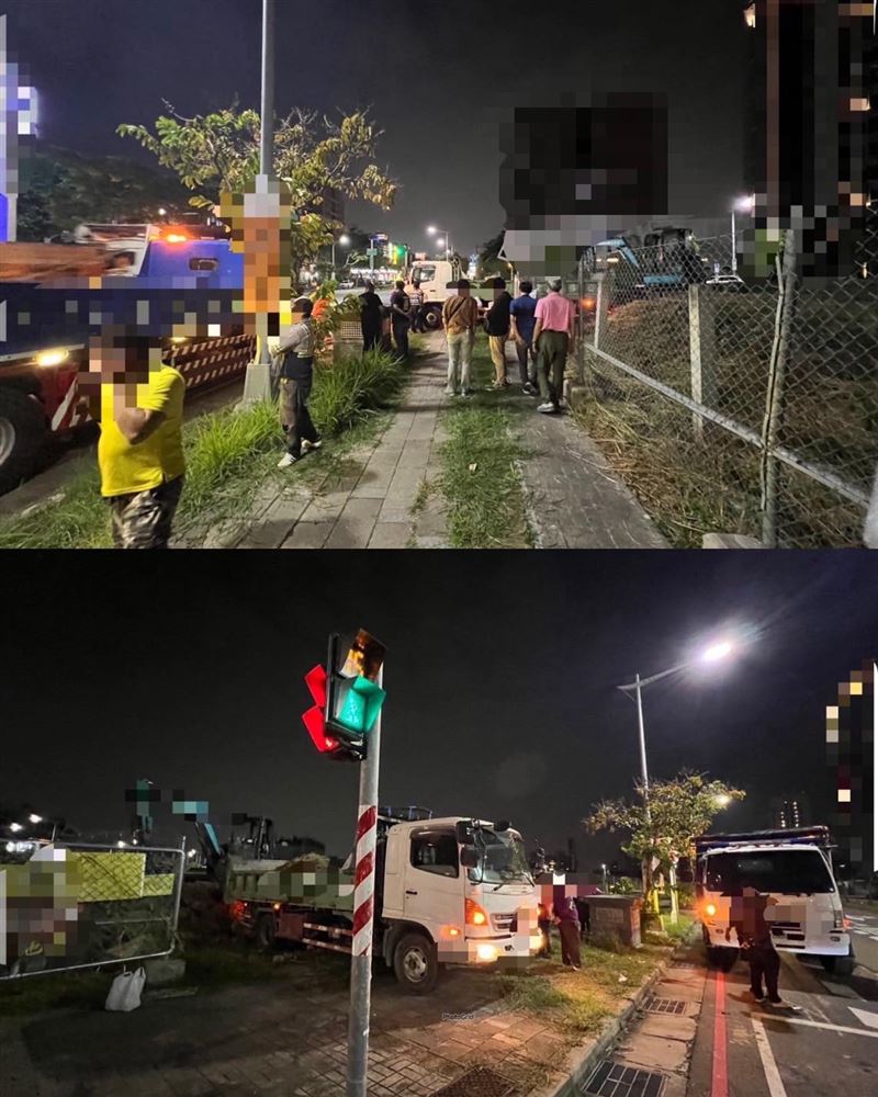 台中建設局養工處包商連夜載運土方至文山掩埋場,因砂土粒徑不符規定,又全數被退回。(圖/議員江肇國提供)