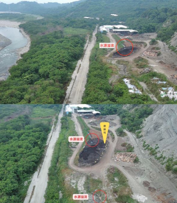 空拍照顯示霧峰掩埋場疑似有餿水溢流,江肇國痛批環保局長竟在質詢回覆:土會吸水。(圖/翻攝自江肇國臉書)