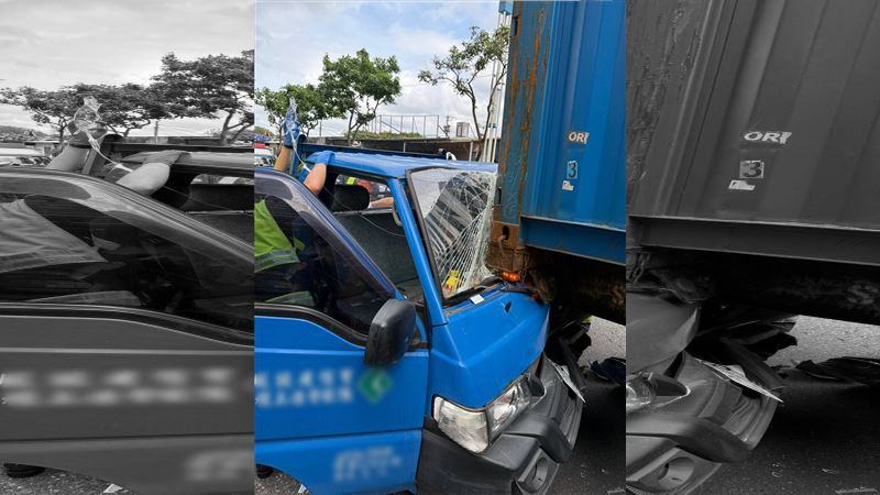 新北淡水區淡金路二段發車禍事故,小貨車追撞前方的聯結車。(圖/翻攝畫面)