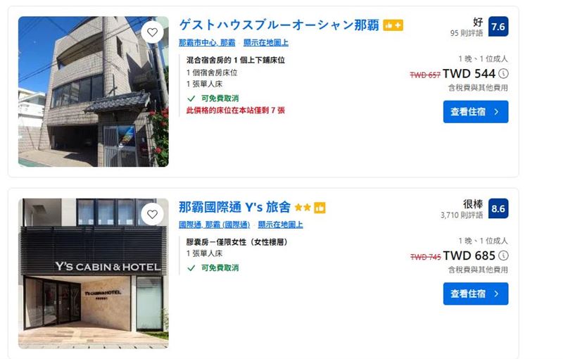 相同時段,沖繩青年旅舍價格親民許多。(圖/翻攝自Booking訂房網)