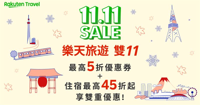 樂天旅遊「11.11 SALE」登場 限量1,111張優惠券限時開搶。(圖/飯店旅宿業者提供)