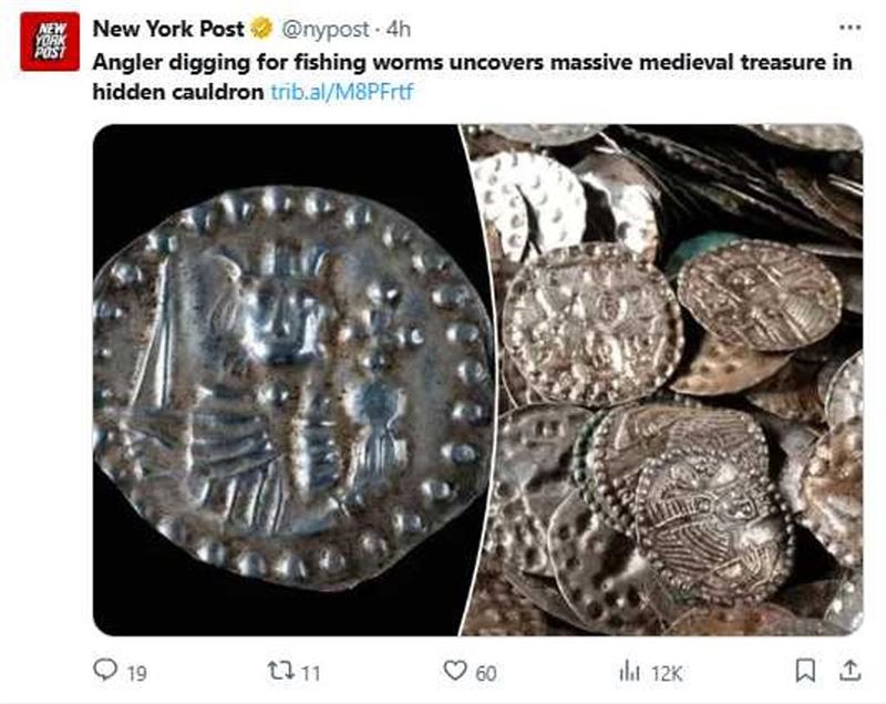 大批財寶中,有珍貴的中世紀硬幣,刻有人像和聖杯。(圖/翻攝自X平台 @nypost)