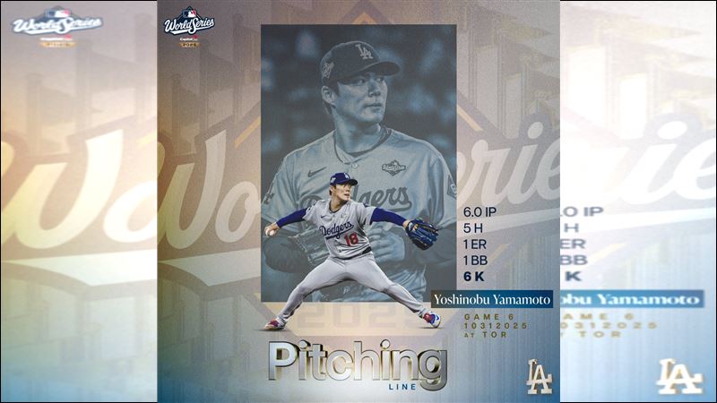 世界大賽G6山本由伸投滿6局僅失1分。（圖／翻攝自X平台 @帳號）