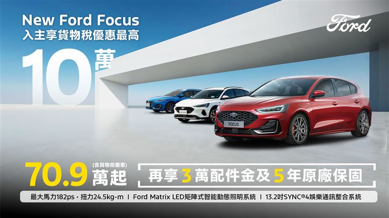 國產Focus享貨物稅優惠價70.9萬元起。（圖／FORD提供）