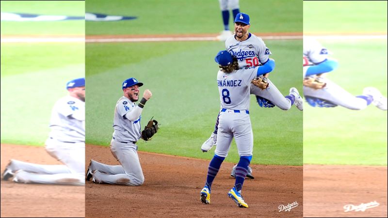 世界大賽G6道奇9局下用雙殺守備解危。(圖/翻攝自道奇 X)