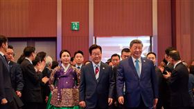 李在明與習近平面帶微笑走進會場。（圖／翻攝自青瓦臺）