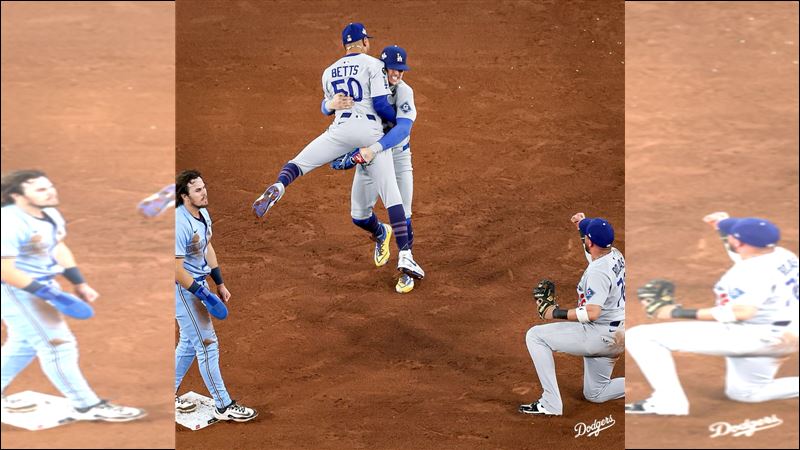 世界大賽G6道奇上演再見雙殺。(圖/翻攝自道奇 X)