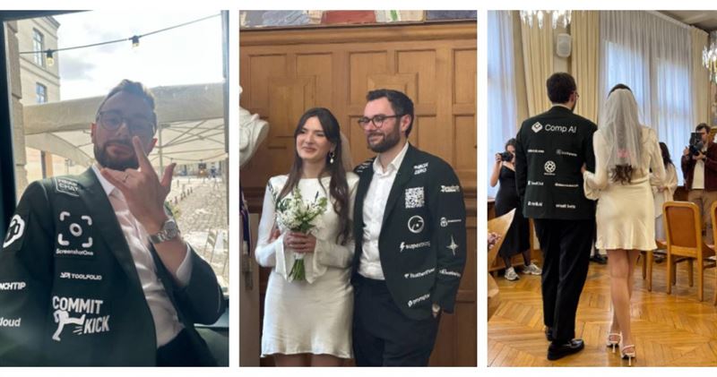 法國男子Dagobert Renouf穿上滿佈贊助商Logo的西裝出席婚禮,創意籌資方式引發熱議。(圖/翻攝自X,dagorenouf)