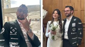 法國男子Dagobert Renouf穿上滿佈贊助商Logo的西裝出席婚禮，創意籌資方式引發熱議。（圖／翻攝自X，dagorenouf）