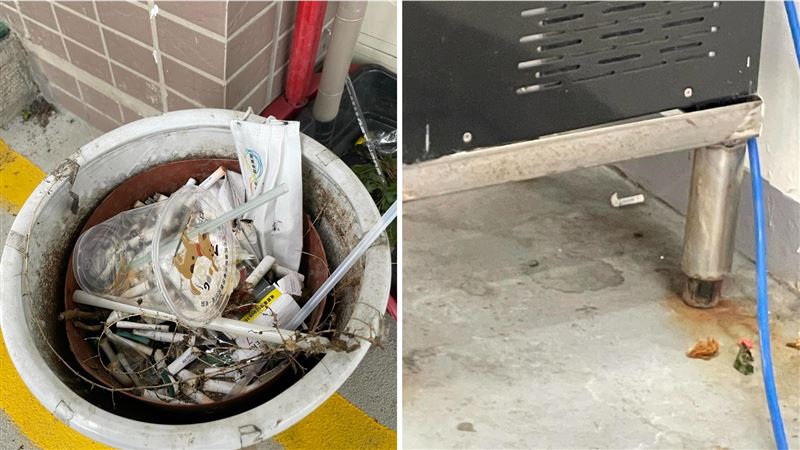 有網友在國民黨全代會後回成功高中，發現盆栽桶裡有滿滿菸蒂、飲水機底下也有。（圖／Threads網友＠hoan.pekui授權提供）