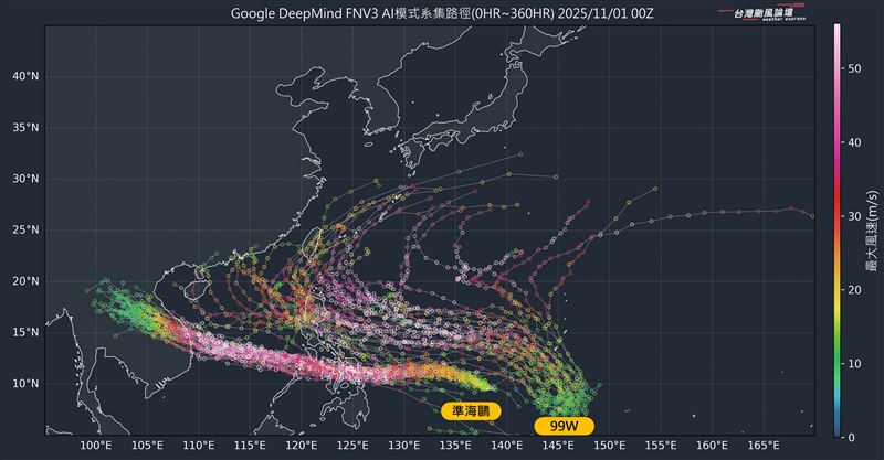 熱帶擾動99W可能呈現「拋物線走法」往台灣來，由於預報日較遠、變數大，目前不必過於擔心。（圖／翻攝自台灣颱風論壇｜天氣特急臉書）