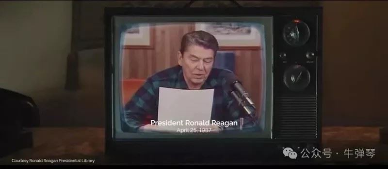 安大略省播放的廣告剪輯自雷根 1987 年一次廣播講話，其中雷根警告高關稅可能會影響市場平衡。（圖／翻攝微博）