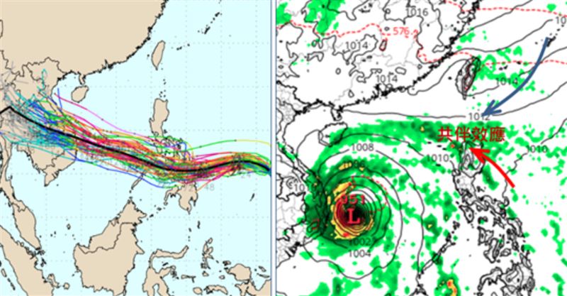 最新(1日20時)歐洲系集模式(ECMWF))模擬(左圖)顯示，「輕颱海鷗」在菲律賓東方海面偏西進行，通過菲律賓中部、進入南海，再朝越南前進；最新歐洲模式(ECMWF)週四(6日)20時模擬圖(右圖)顯示，其距台灣很遠，且共伴效應弱、發生在呂宋島，不在台灣。（圖／翻攝自老大洩天機官網）
