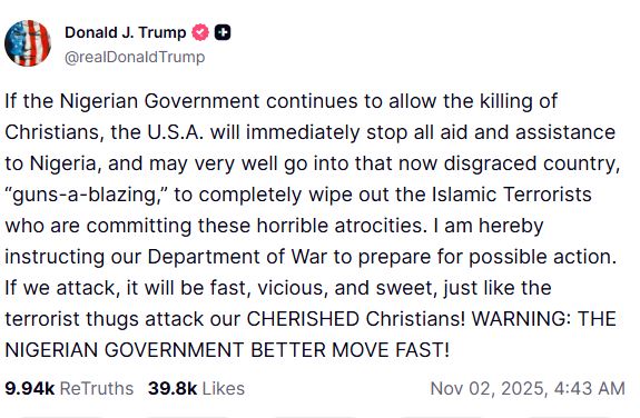 美國總統川普於台灣時間2日凌晨，以奈及利亞基督徒遭受暴力為由，威脅要對該國出兵。不過，文中川普疑似出現錯字，誤把意指「敏捷、迅猛」的「swift」，寫成代表「甜蜜」的「sweet」。（圖／翻攝畫面）