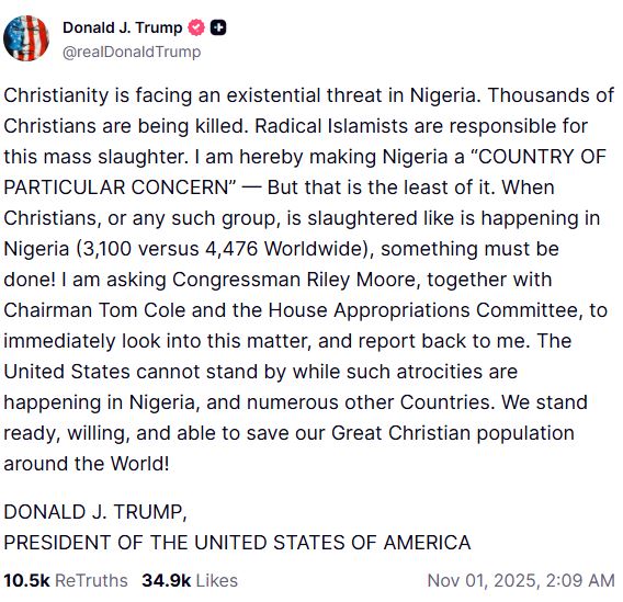 美國總統川普先在台灣時間1日凌晨貼文，將奈及利亞列為「特別關注國」，為制裁鋪路。（圖／翻攝畫面）