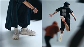 來自峽谷的越野鞋款HOKA Mafate，首度登上台北時裝週舞台，攜手台灣機能服飾品牌oqLiq現身開幕秀，將戶外元素轉化為城市語言。鞋款融合等高線紋理與機能設計，從山徑奔馳到伸展台，展現越野與風格並行的全新樣貌。（圖／HOKA提供） 