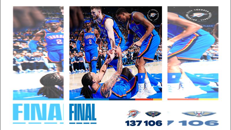 NBA衛冕軍雷霆以137：106轟垮鵜鶘，連兩季達成開季7連勝。（圖／翻攝自X平台 @okcthunder）