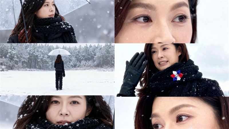 鄭麗文跟風玩圖像處理軟體美圖秀秀的「雪地三格照」。（組合圖／翻攝自鄭麗文臉書）