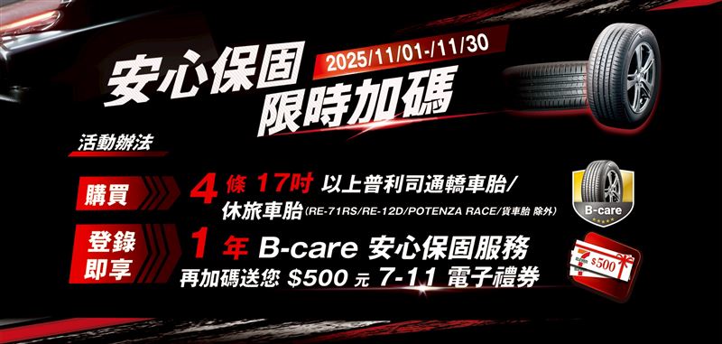 普利司通推出「安心保固，限時加碼」活動，提供消費者輪胎保固與購物金雙重回饋 。（圖／品牌業者提供）