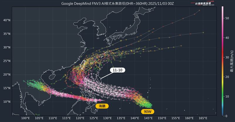 粉專表示，90W後期因副熱帶高壓減弱的關係，將採取拋物線的走法，抵達台灣附近時轉向東北，但轉向的位置變數非常大，也將牽動對台灣的影響程度。（圖／翻攝自台灣颱風論壇｜天氣特急 臉書）