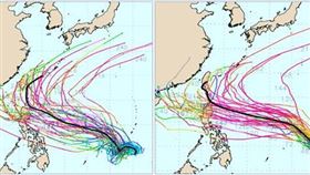 最新歐洲(左)及美國(右)系集模式模擬皆顯示，另一熱帶系統的系集平均路徑在台灣附近北轉，各別模擬路徑分散在兩側，分散度非常大、代表「不確定性」很大。(圖／擷自weathernerds)