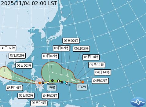 中央氣象署4日2時公布颱風預測路徑。（圖／中央氣象署）
