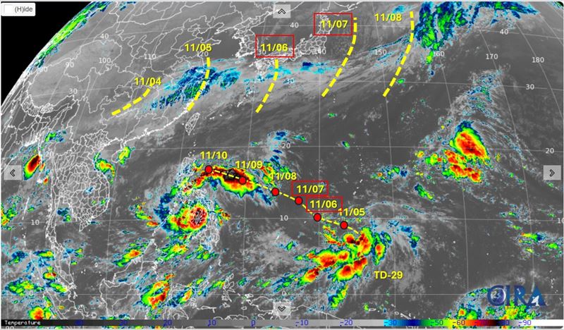 西風短波槽（黃色粗虛線）影響，高壓短暫出現弱點，TD-29可望短暫北偏後再朝台灣東南方海面靠近。（圖／取自「天氣職人-吳聖宇」臉書）