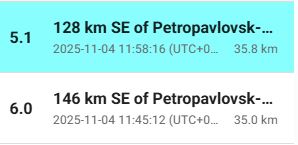 13分鐘連兩震！俄羅斯堪察加半島規模6.0地震（圖／usgs）