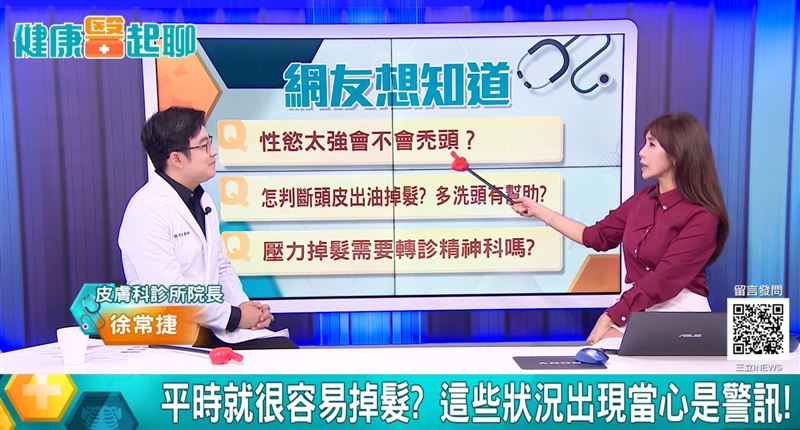 禿頭不等於性慾強！皮膚科醫師徐常捷提醒，落髮大多與遺傳有關，每天掉髮超過100根或頭頂髮量變少，應及早檢查治療。（圖翻攝自／節目《健康醫起聊》）