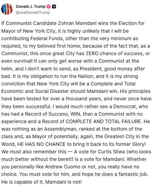 川普發文強硬表示，不管喜不喜歡古莫，你們真的沒有選擇，必須投給他。（圖／翻攝自川普Truth Social）