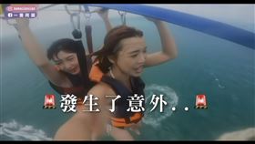 一隻阿圓與好友出國玩海上拖曳傘，繩子竟在空中斷掉，讓她墜海頭部被撞擊。（圖／翻攝自一隻阿圓Threads）