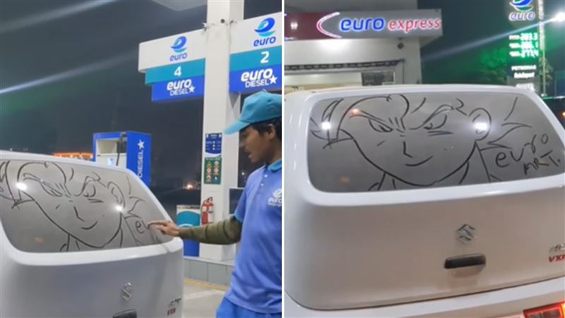 他只靠灰塵、手指、記憶力就畫出《七龍珠》的孫悟空，讓眾人大為佩服。（圖／翻攝自IG@zain.car.worldz）