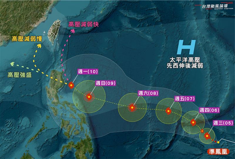 第26號鳳凰颱風即將形成，未來可能路徑有3條。（圖／台灣颱風論壇｜天氣特急）