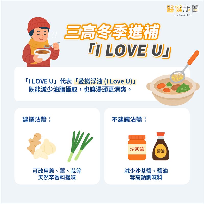 三高族群冬季進補「I LOVE U」，代表「愛撈浮油」，既能減少油脂攝取，也讓湯頭更清爽。（圖／醫健新聞網提供）
