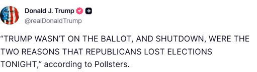 川普表示共和黨之所以輸掉的其中一個原因，是因為自己沒有參選。（圖／翻攝自川普Truth Social）