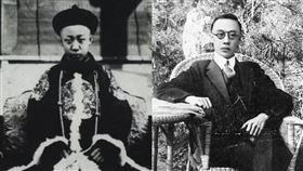 1917溥儀還是帝制的穿著（左）；被逐出紫禁城後，沒多久已剪掉髮辮和穿上西服。（圖／翻攝自維基百科）
