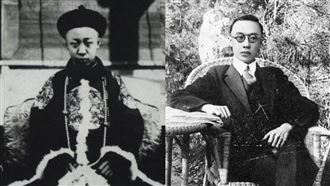 1917溥儀還是帝制的穿著（左）；被逐出紫禁城後，沒多久已剪掉髮辮和穿上西服。（圖／翻攝自維基百科）