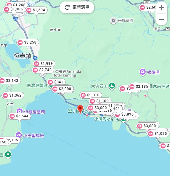 墾丁周邊的飯店與民宿價格發現，四星級以上住宿每晚約2,000至5,000元，一般旅館則多在2,000元以內（圖／翻攝自google地圖）