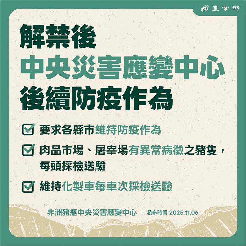 解禁後，中央應變中心後續維持防疫3作為。（圖／農業部提供）