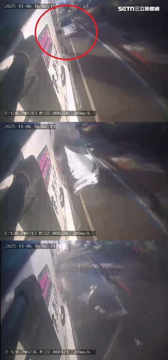 屏東特斯拉導彈式追撞，毫無減速，奪命瞬間曝光。（圖／翻攝畫面）