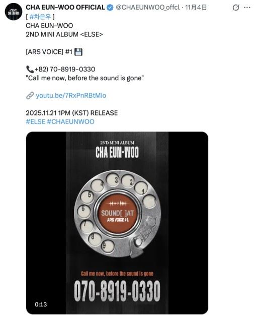 粉絲只要撥打指定號碼，就可以接通車銀優的語音訊息。（圖／翻攝自X平台 @CHAEUNWOO_offcl）