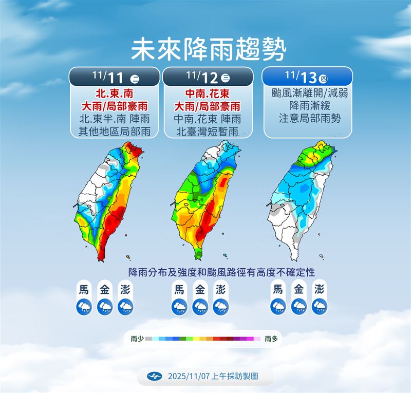 中南部地區下週二、週三也有局部大雨或豪雨。（圖／氣象署提供）