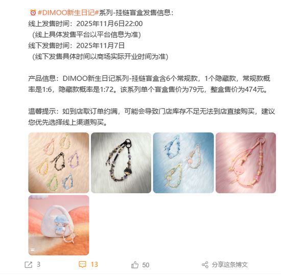 DIMOO新生日記系列掛鏈盲盒單個售價為79元人民幣，一整盒含6個常規款加1個隱藏款，售價為474元人民幣（約新台幣2064元）。（圖／翻攝微博）
